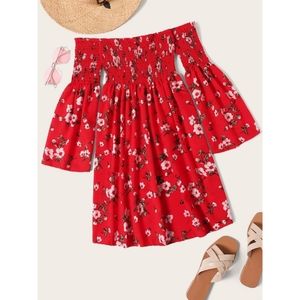 Shein Red Floral Off-the-Shoulder Shirred Dress Size 1XL NWOT